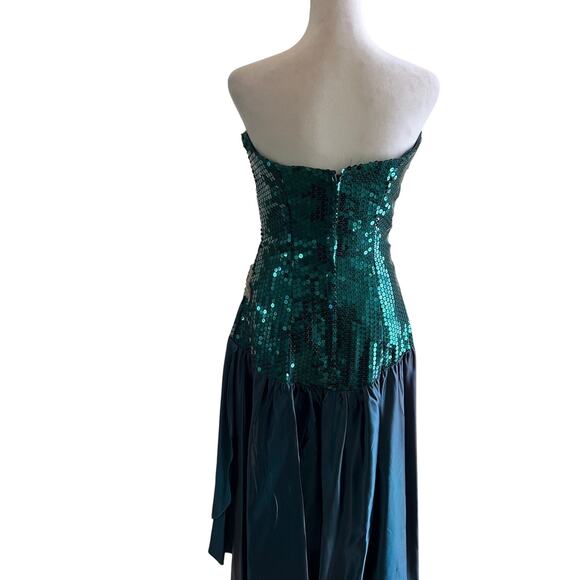 Vintage Nadine Formal Dress SZ7 Strapless Sequin Satin Green Whimsygoth 80s Prom - Picture 3 of 12